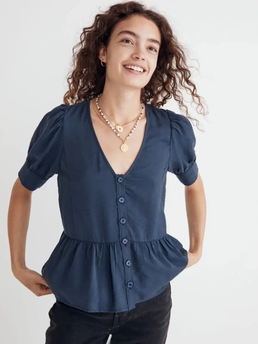Dark Blue Madewell Drapeweave Puff-Sleeve Peplum Top V-neck Button Up Women's Lg